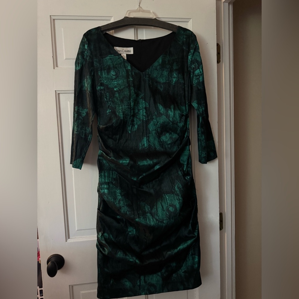Sara Campbell Black and Green Floral Elbow Sleeve Dress, made in USA